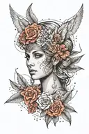 face of Athena with flowers in dot work tattoo design idea