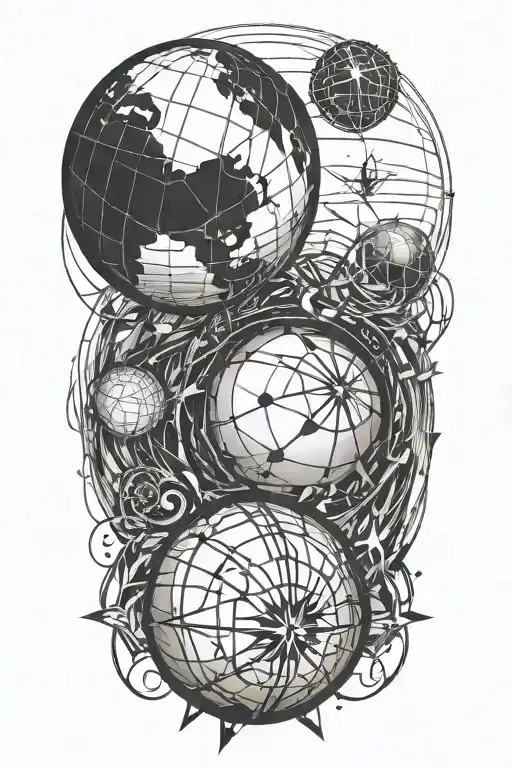 An abstract globe with a basketball and compass rose, representing a passion for travel and playing basketball tattoo design idea