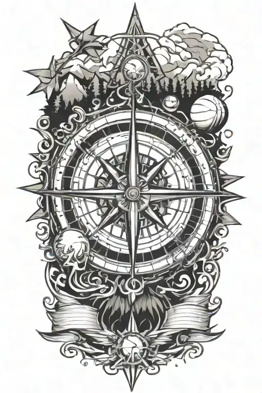 a compass rose surrounded by music to the north, mountains to the south, basketball to the west and family to the east tattoo design idea