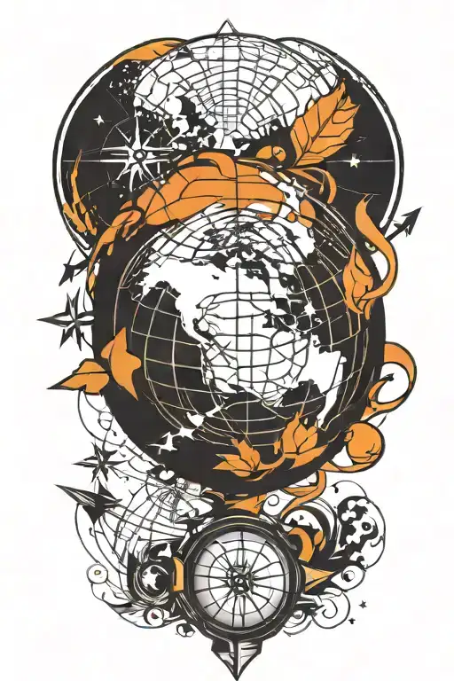 An abstract globe with a basketball and compass rose, representing a passion for travel and playing basketball tattoo design idea