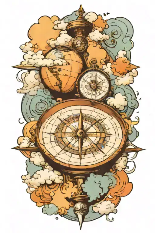 a compass and a globe surround by clouds surrounding tattoo design idea