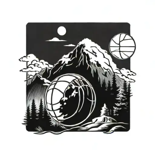 A tattoo of a mountain range with a basketball hidden in the design, reflecting a passion for hiking and basketball tattoo design idea