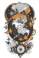 An abstract globe with a basketball and compass rose, representing a passion for travel and playing basketball tattoo design idea