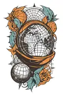 An abstract globe with a basketball and compass rose, representing a passion for travel and playing basketball tattoo design idea