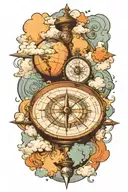 a compass and a globe surround by clouds surrounding tattoo design idea