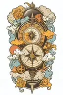 a compass and a globe surround by clouds surrounding tattoo design idea