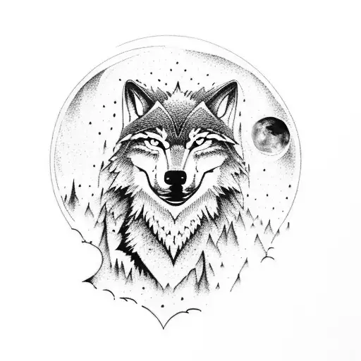 howling wolf on a rock in the woods with a moon in the back tattoo design idea
