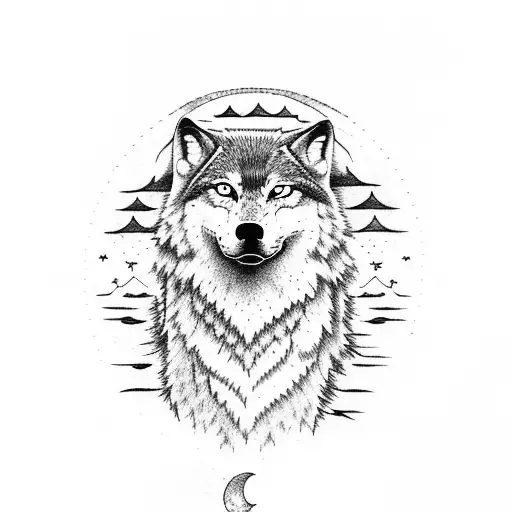 Howling Wolf with big moon and trees tattoo design idea
