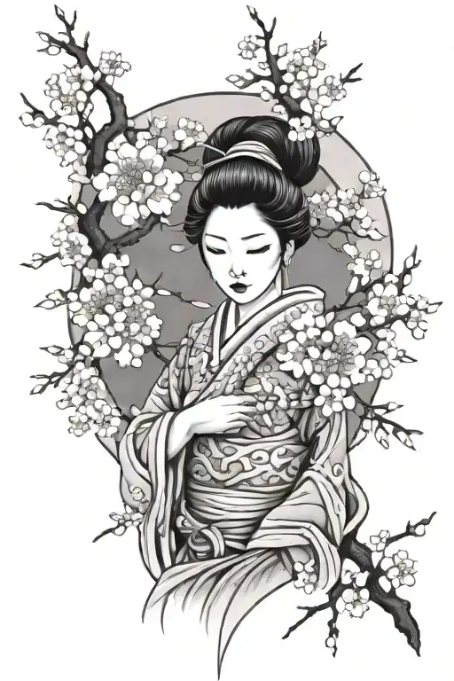 geisha in a Sakura tree tattoo design idea