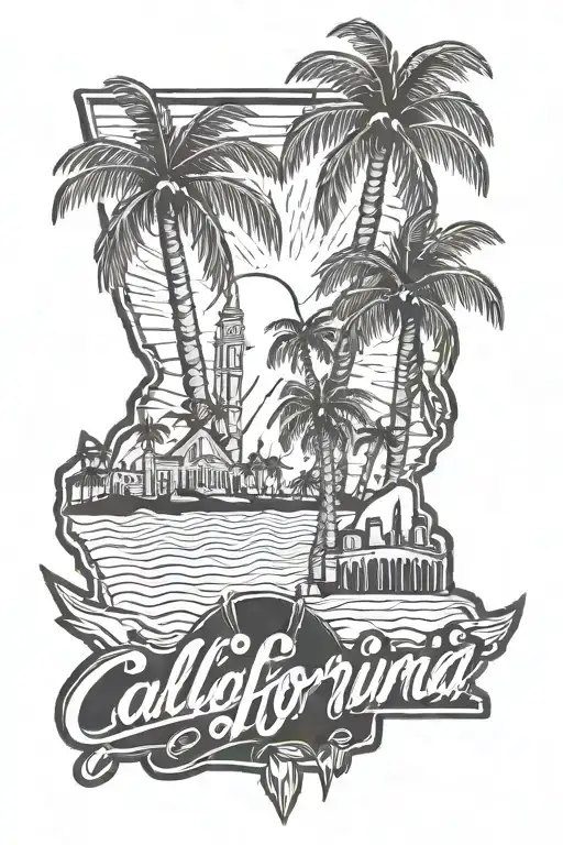 California outline filled with USC , LA dodger logo , LA kings , palm trees  tattoo design idea