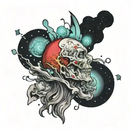 planet exploding head profile holding tattoo design idea