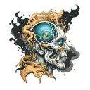 planet exploding head profile holding tattoo design idea