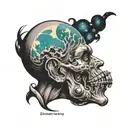 planet exploding head profile holding tattoo design idea