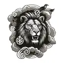 lion with cross doves cloud shade and sunrays tattoo design idea