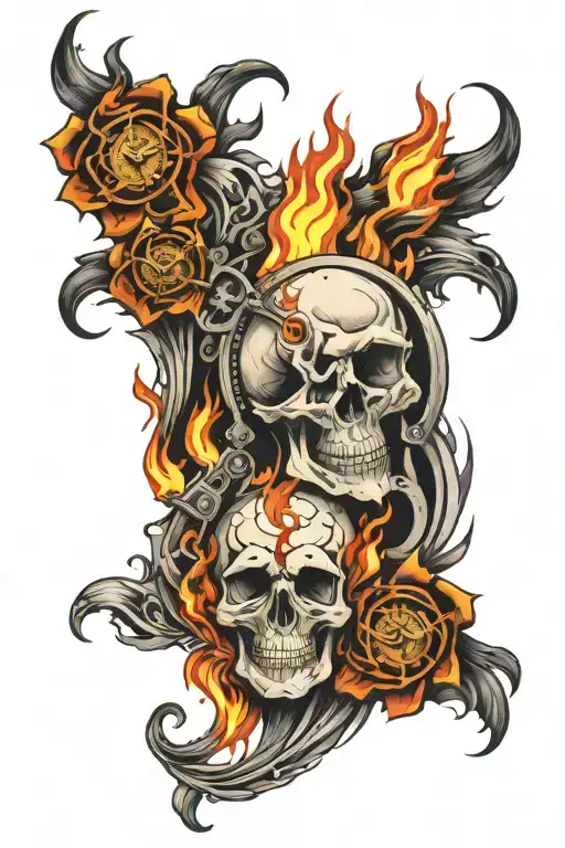 skulls, clocks, flames left arm tattoo design idea