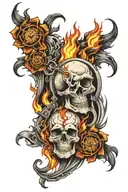 skulls, clocks, flames left arm tattoo design idea