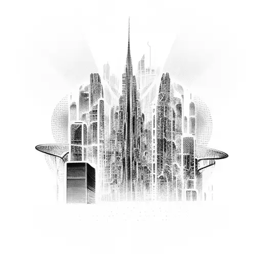 A futuristic cityscape with computer codes intertwined with rap lyrics tattoo design idea