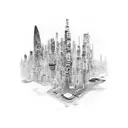 A futuristic cityscape with computer codes intertwined with rap lyrics tattoo design idea