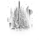 A futuristic cityscape with computer codes intertwined with rap lyrics tattoo design idea