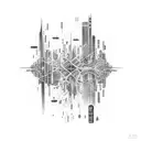 A futuristic cityscape with computer codes intertwined with rap lyrics tattoo design idea