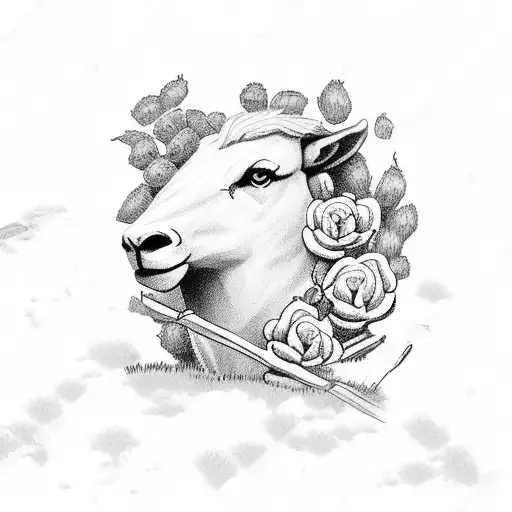 Spartan in wheat field with roses growing and sheep in field with beautiful tree growing in dry spot with roots tattoo design idea