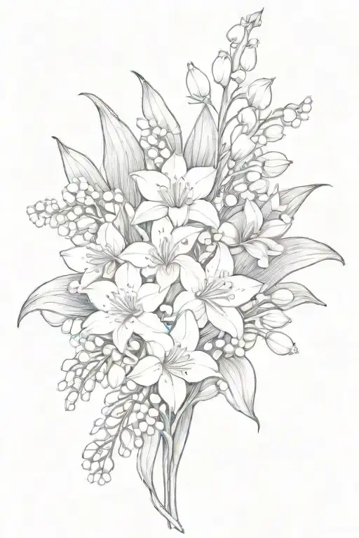 lily of the valley, daffodil, violet, and daisy thinline bouquet tattoo design idea