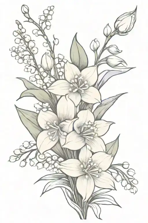 lily of the valley, daffodil, violet, and daisy bouquet tattoo design idea