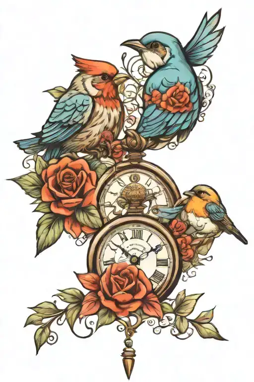 nan and grandad pocket watch birds  tattoo design idea