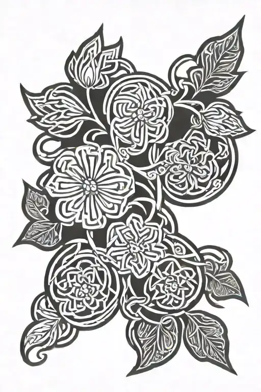the father and daughter celtic symbol, the outline will be of branches and flowers, the flowers will be the Chrysanthem  tattoo design idea