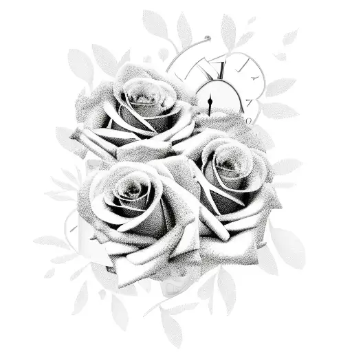 clock with roses tattoo design idea