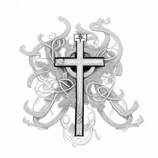 Christian Cross with vines wrapping up it, with the Bible verse "Philippians 4:13" tattoo design idea