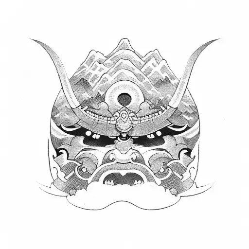 Japanese oni mask with Japanese mountains and scenery in background with Samurai in foreground tattoo design idea