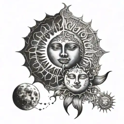 Two separate black ink tattoo designs: one of an intricate sun and one of a detailed moon, both on a white background tattoo design idea