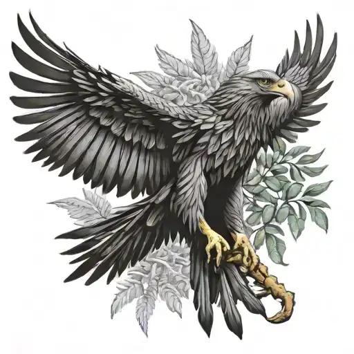 wedge Tailed eagle. gum tree leaves. golden wattle  tattoo design idea