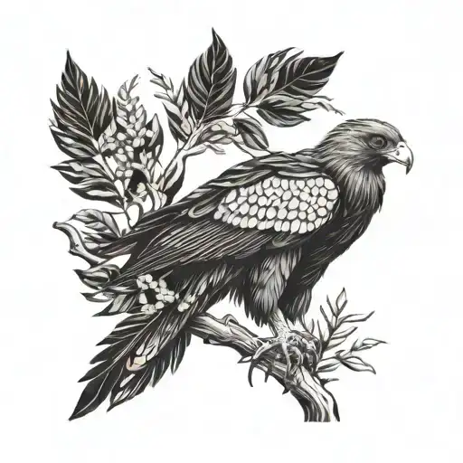 wedge Tailed eagle. gum tree leaves. golden wattle  tattoo design idea