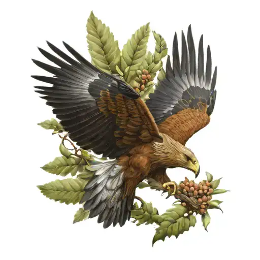 wedge Tailed eagle. gum tree leaves. golden wattle  tattoo design idea