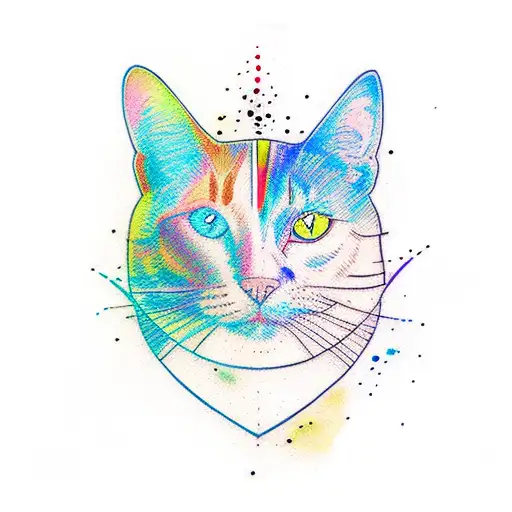 outline of 4 dogs and a cat over abstract rainbow watercolor background  tattoo design idea