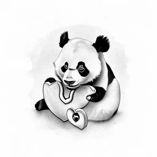 Panda bear chewing on a heart. tattoo design idea