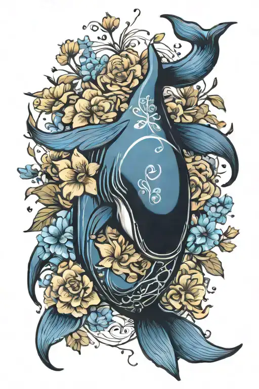 blue whale and flowers intertwined tattoo design idea