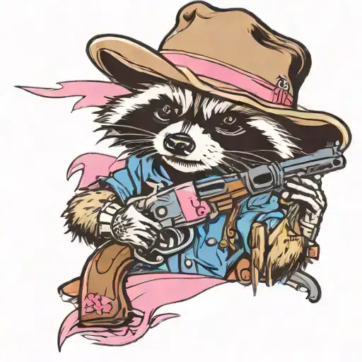 bandit raccoon wearing pink bandana, cowboy hat and weilding a revolver tattoo design idea