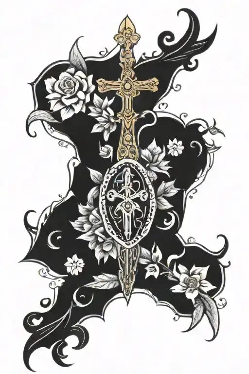 calf tattoo of the holy trinity with elements of christianity such as cross, palm leaf, crown, sword, armor, flowers... tattoo design idea