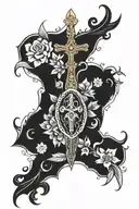 calf tattoo of the holy trinity with elements of christianity such as cross, palm leaf, crown, sword, armor, flowers... tattoo design idea