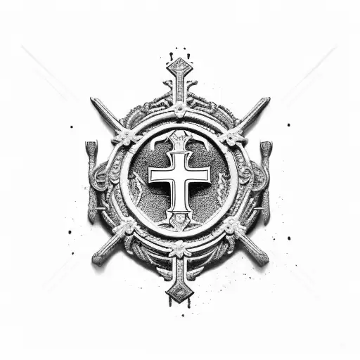 A royal throne, and below it the symbols of success in old Norris ruins, and the Saint Benedict cross tattoo design idea
