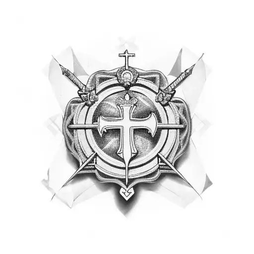 A royal throne with Saint Benedict cross and a arrow pointing up tattoo design idea