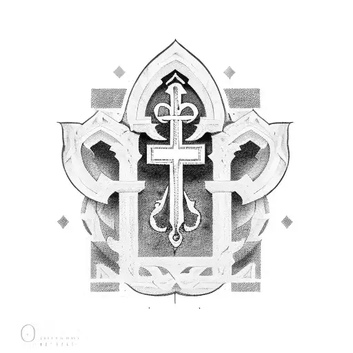 A royal throne, and below it the symbols of success in old Norris ruins, and the Saint Benedict cross tattoo design idea