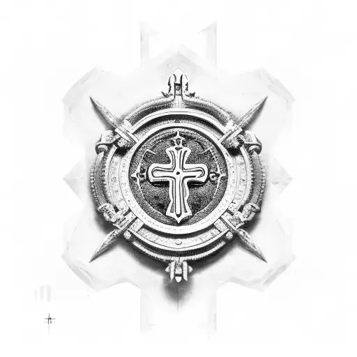 A royal throne, and below it the symbols of success in old Norris ruins, and the Saint Benedict cross tattoo design idea