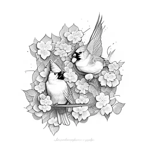 two cardinals among hydrangeas tattoo design idea