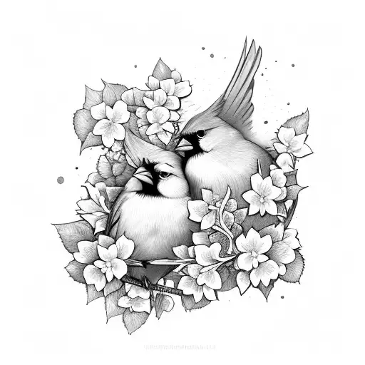 two cardinals among hydrangeas tattoo design idea