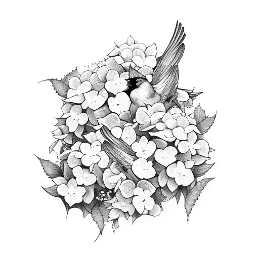 two cardinals among hydrangeas tattoo design idea