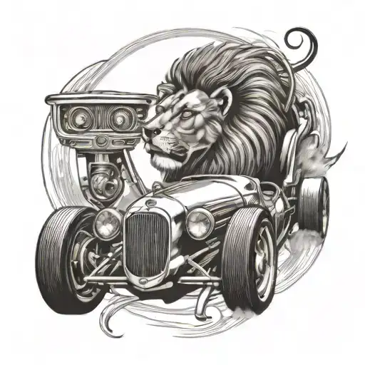 A sleek racing car with a lion's head as the hood ornament tattoo design idea